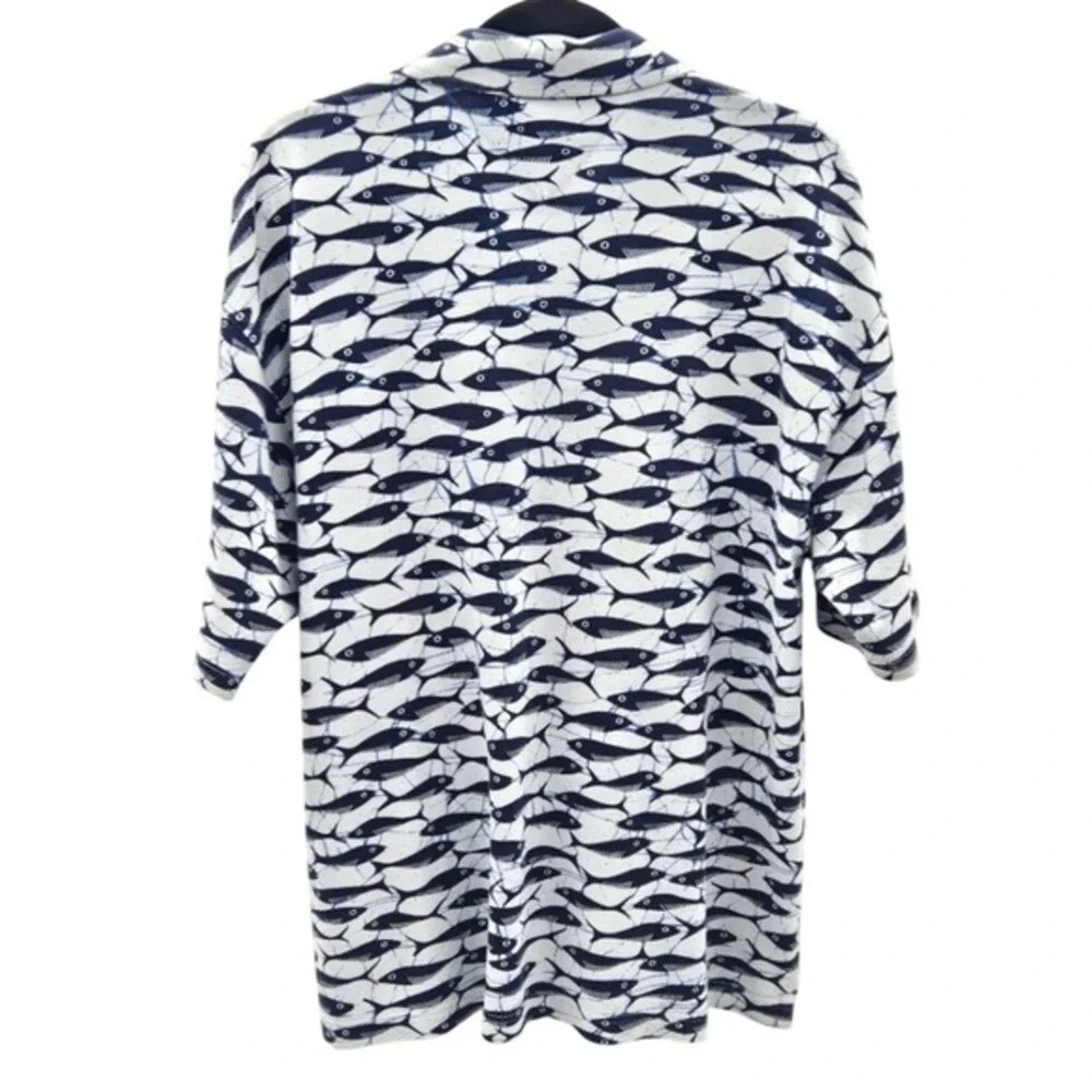 Tommy Hilfiger Surf Co Fish Print Button Down Shirt Mens Large Navy White Cotton